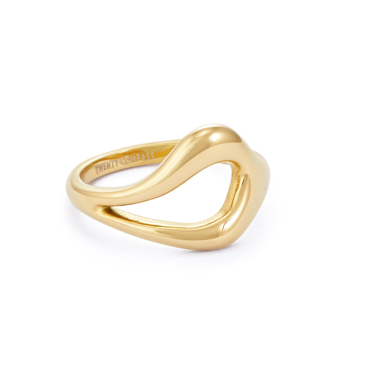 Gold ring with a unique, open, teardrop-shaped design in the center, resting on a white background Gia Ring - Gold