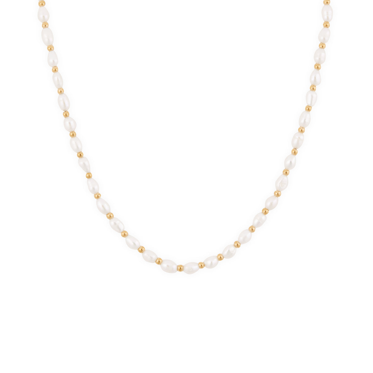 A gold-colored necklace featuring freshwater pearls and small gold beads, designed to rest high on the neckline. Lagoon Pearl Necklace - Gold