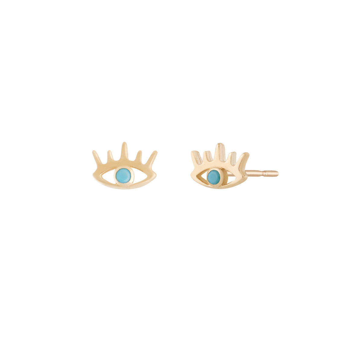 A pair of 10 karat gold stud earrings in the shape of eyes, adorned with a turquoise stone. 10k Boucles d'Oreilles Milos