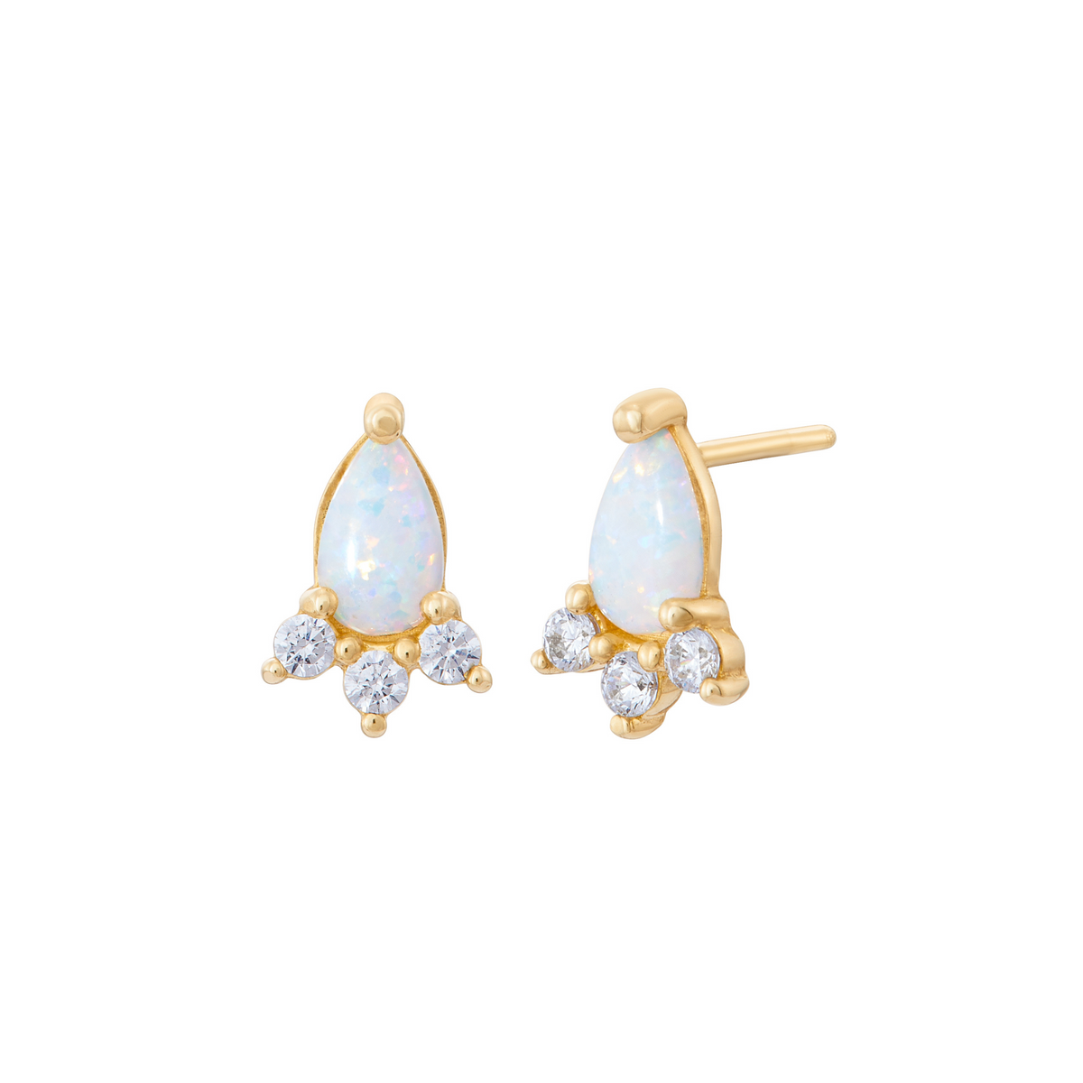 Pair of gold stud earrings featuring a teardrop-shaped opal center and three small cubic zirconia stones clustered below 10k Opale Studs