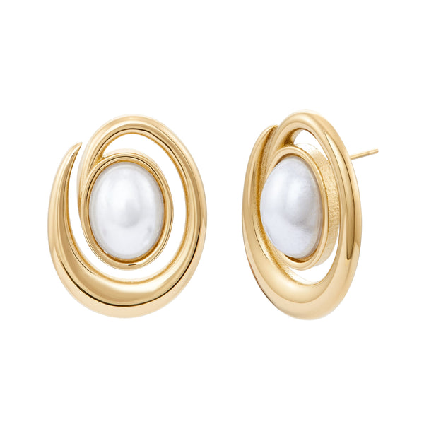 Pair of Gold stud earrings with a circular, swirling design framing a central pearl Palma Earrings - Gold