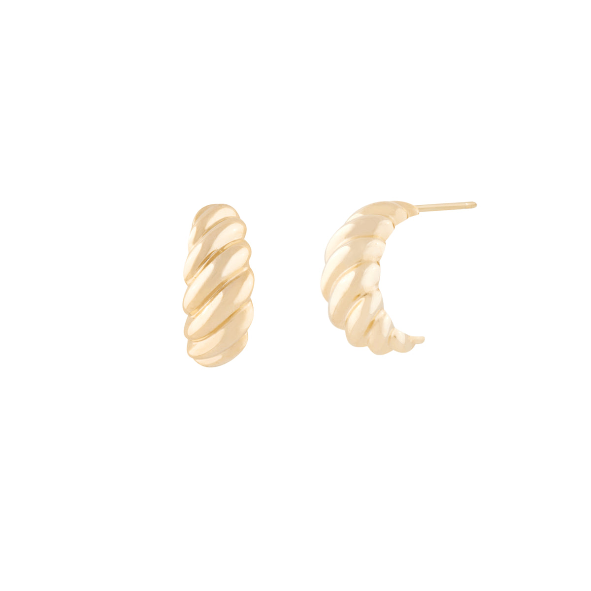A pair of croissant-shaped, 10 karat gold earrings with a stud backing. 10k Boucles d'Oreilles Parisienne