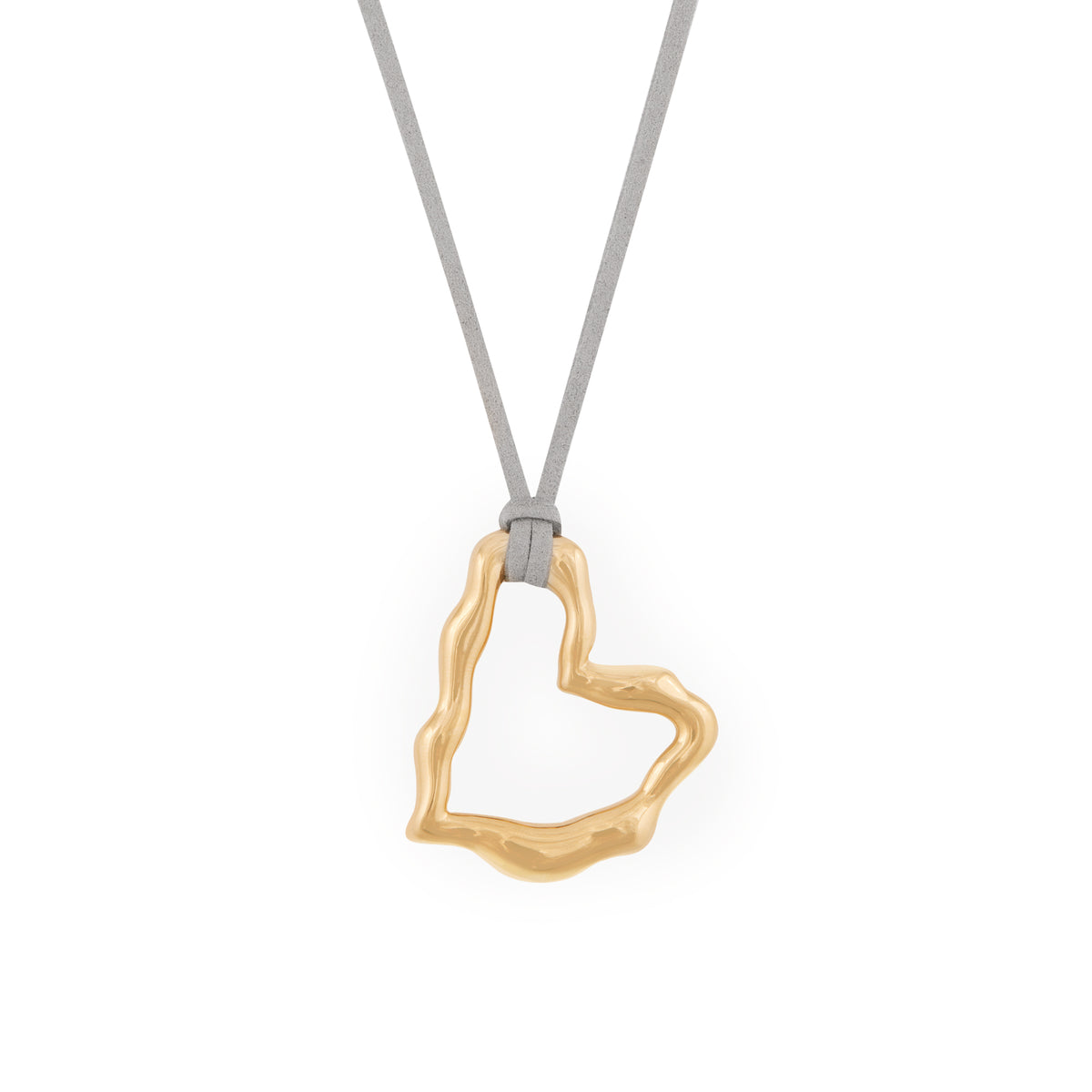 A gold heart-shaped pendant necklace on a gray vegan suede cord. Collier Passion - Or
