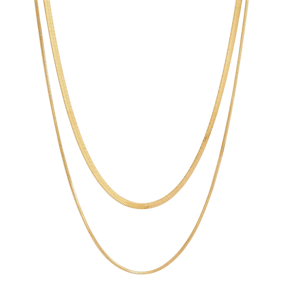 Two gold herringbone chain necklaces, one slightly longer than the other, laid vertically against a white background Collier Serenade - Or