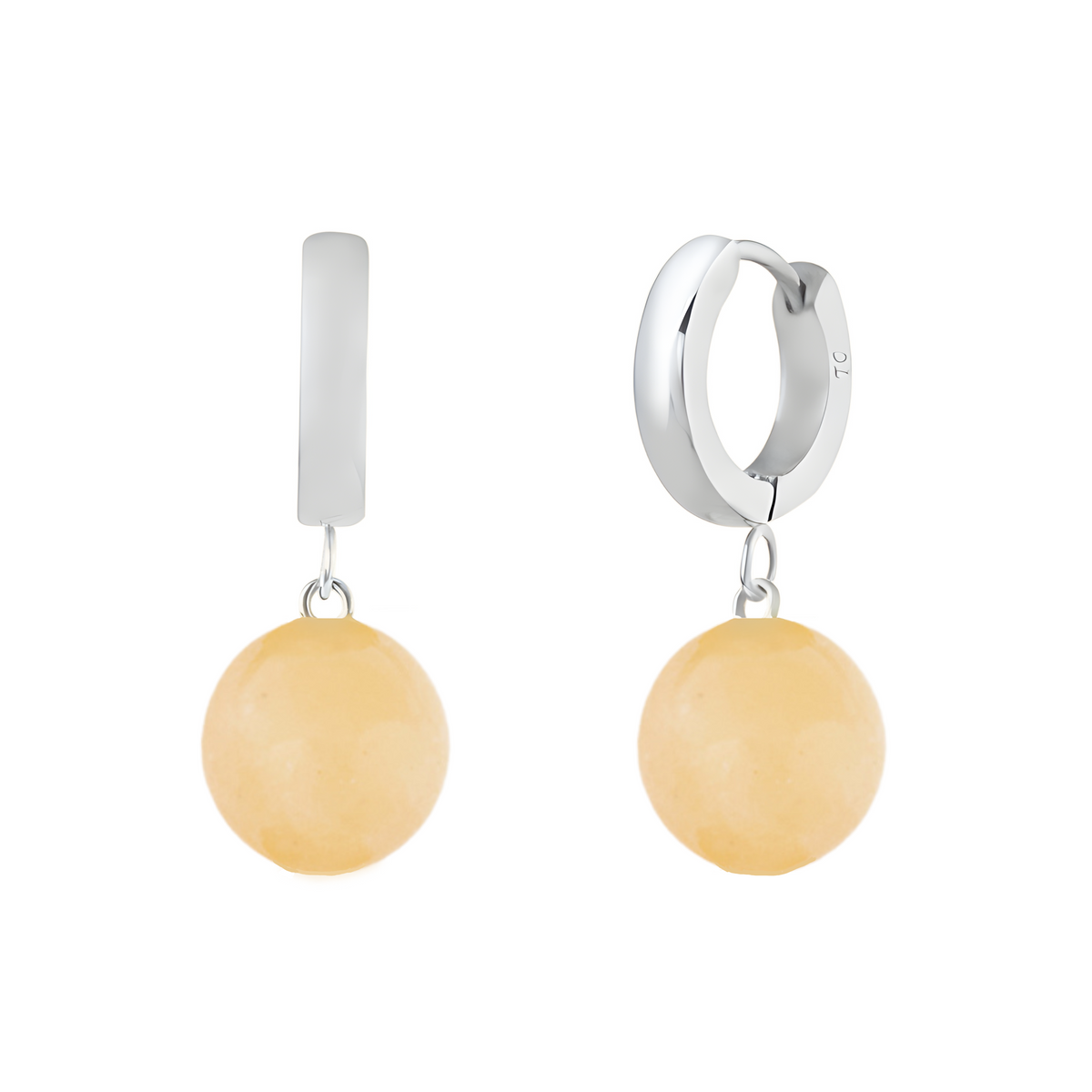 A pair of silver huggie hoop earrings with yellow citrine stones attached to the hoops. Soleil Hoops - Silver