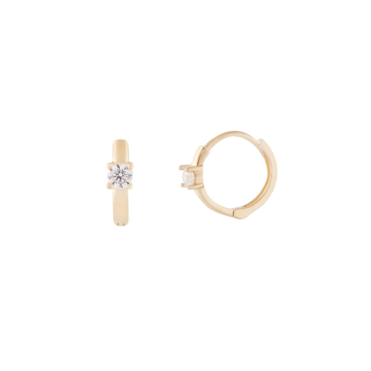 A pair of 14 karat gold hoop earrings with a small cubic zirconia centerpiece, displayed against a white background. 14k Sparkle Hoops