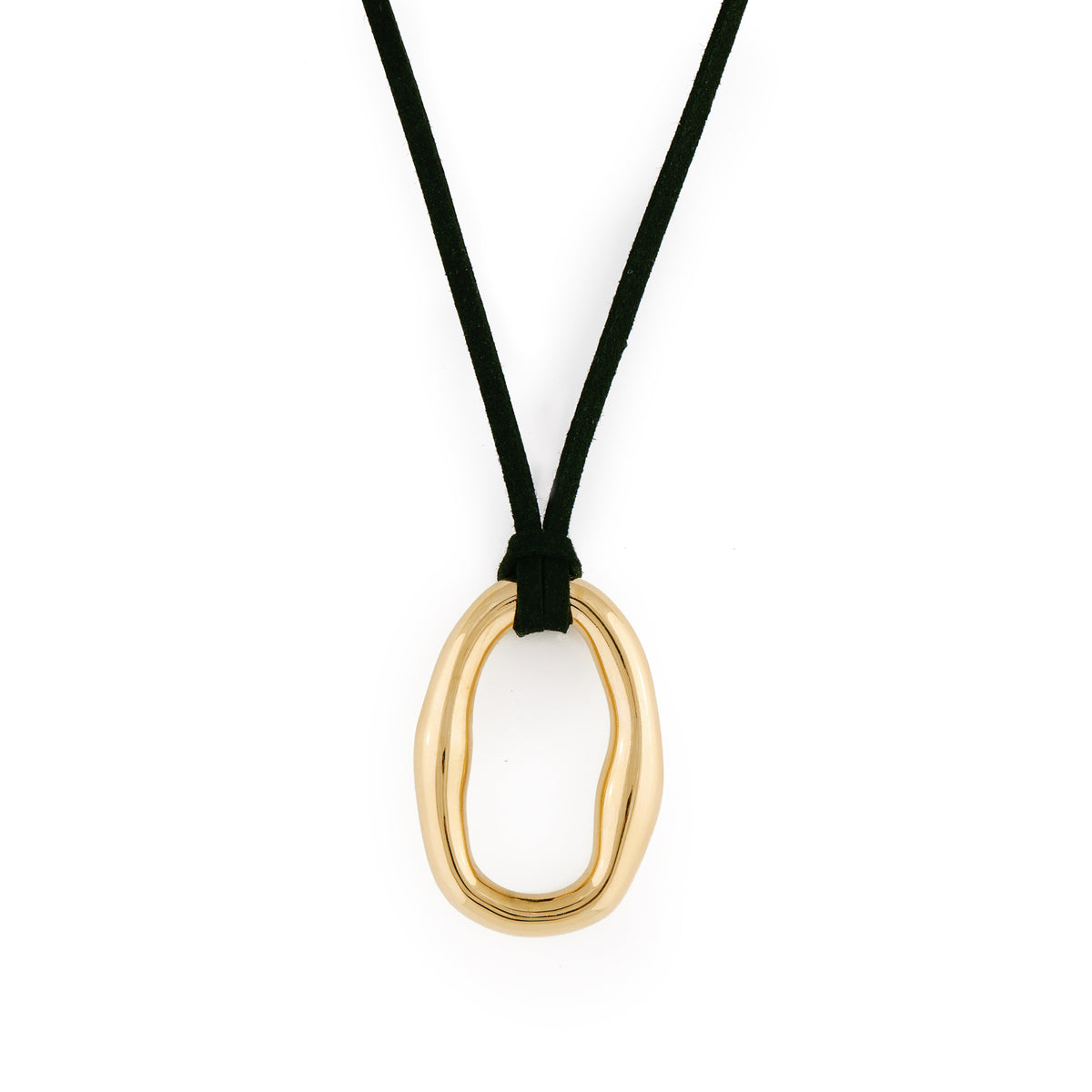 A gold-colored oval-shaped pendant necklace with a black vegan suede cord. Collier Dolce - Or