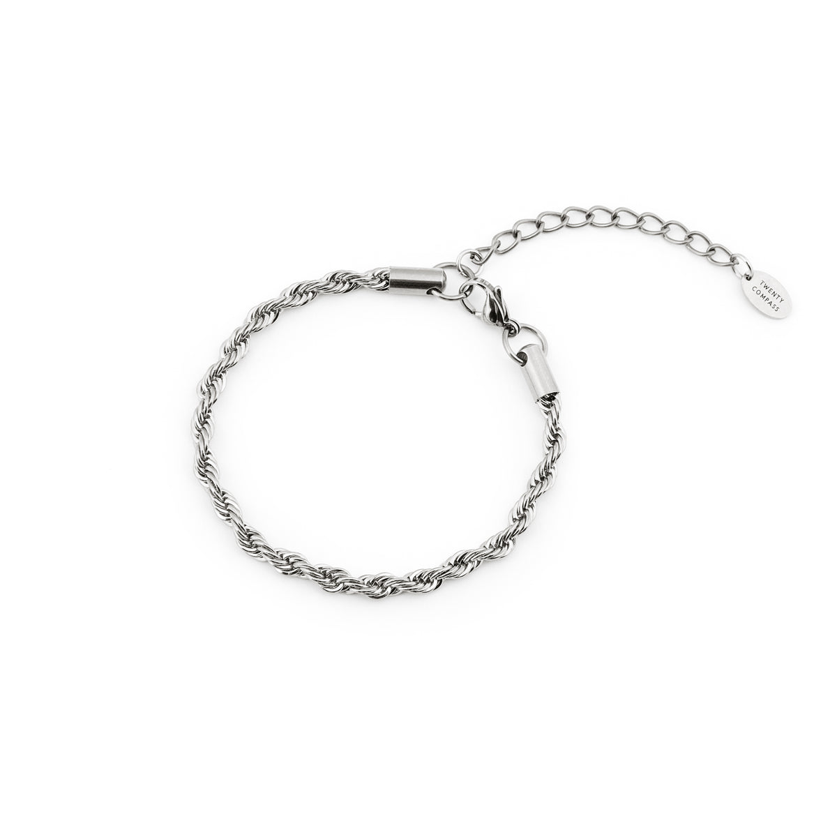 A silver rope chain bracelet with a lobster clasp closure, presented on a white background. Romance Bracelet - Silver