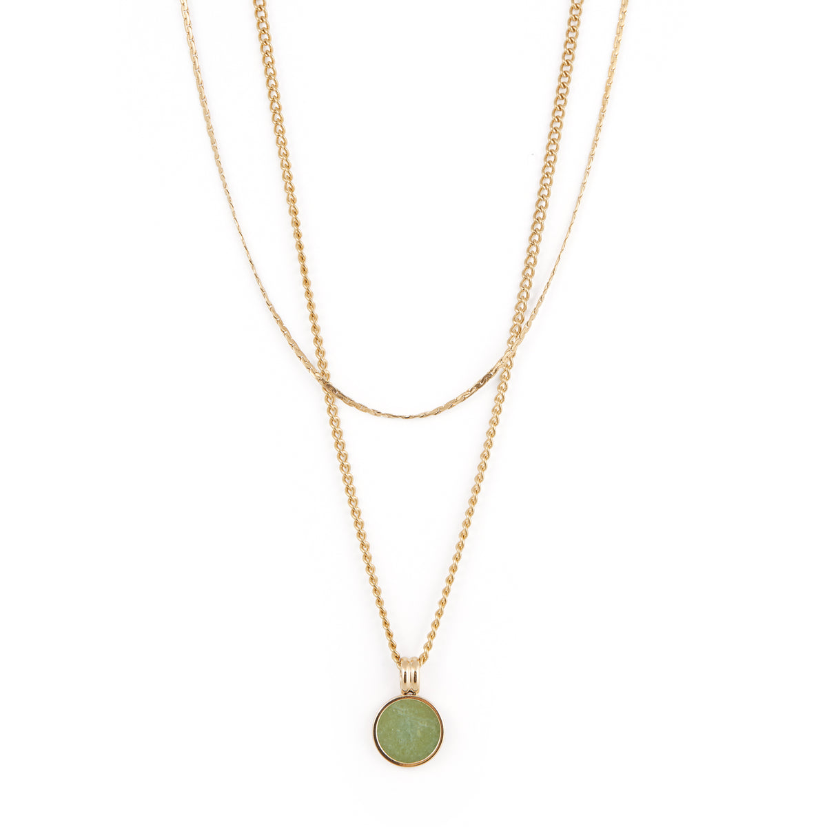 The Andy Necklace - Gold by Twenty Compass features a delicate and a thicker gold chain, highlighting a round green aventurine stone in a golden setting. This elegant piece is displayed on a plain white background. Andy Necklace - Gold