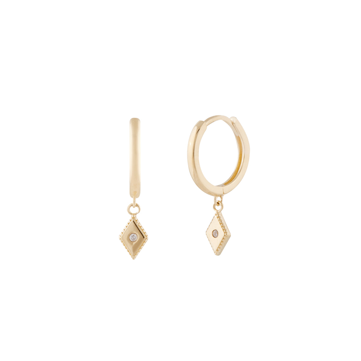 A pair of 10 karat gold hoop earrings with a lozenge-shaped pendant and cubic zirconia detail. 10k Treasure Hoops