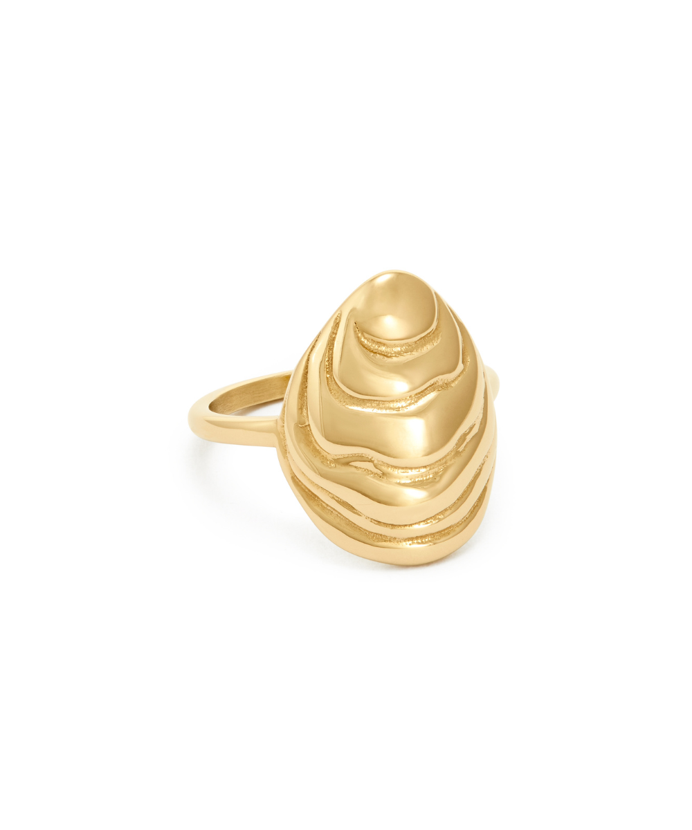 14K gold-plated organic shell statement ring featuring a textured, layered teardrop design on a white background.