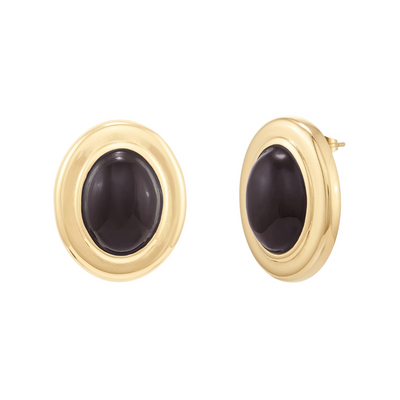 Gold earrings with black stones on a white background