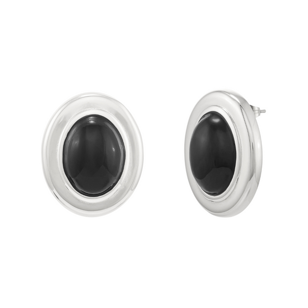 Pair of earrings with black center and silver outer ring on a white background Velours Earrings - Silver