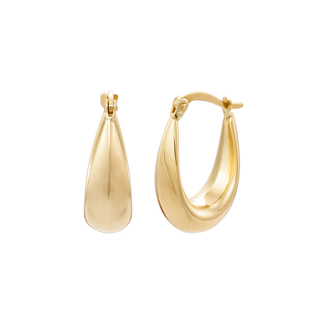 Pair of gold, high-polished, U-shaped hoop earrings with a latch back closure. Inspiration Hoops - 10 Karat Gold