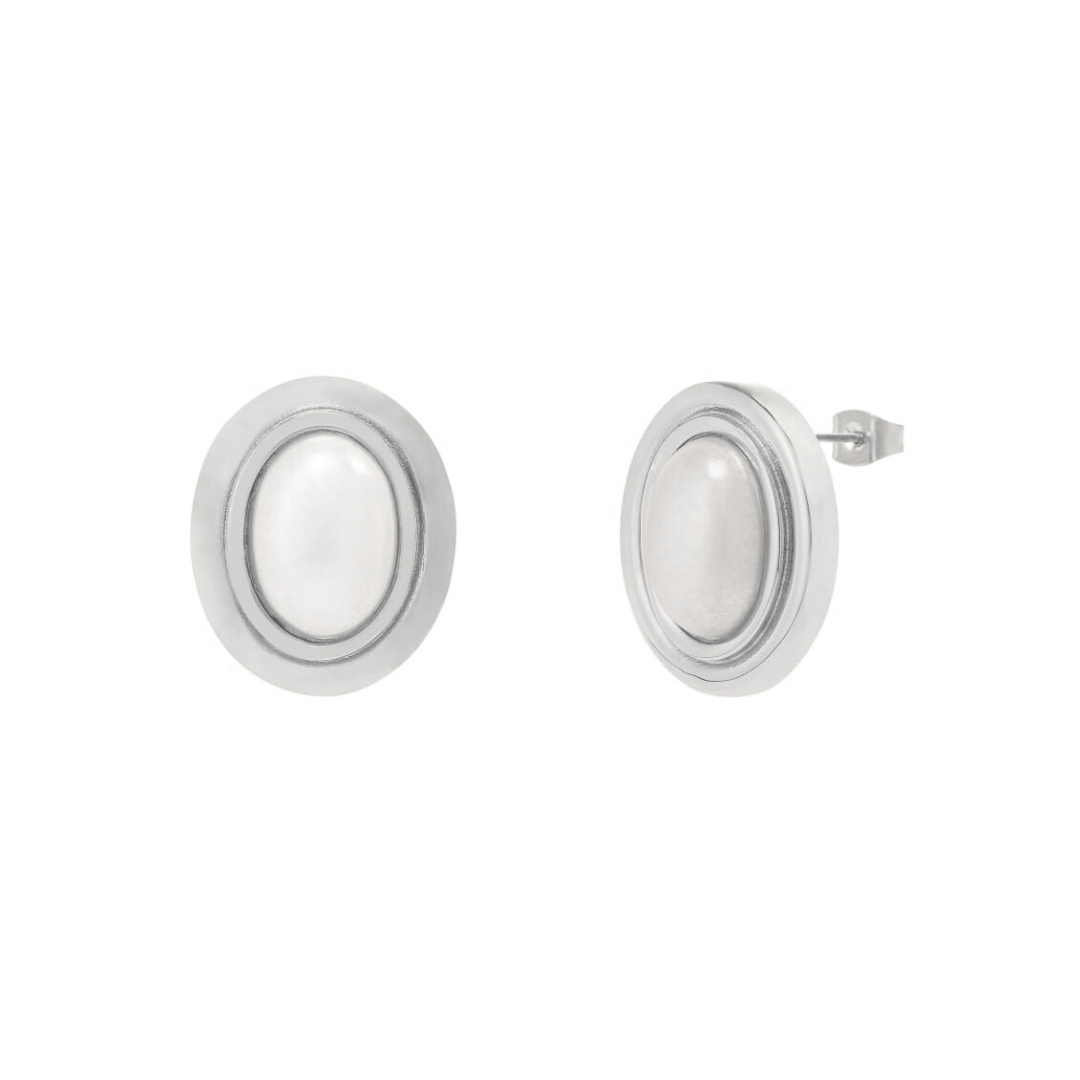 Pair of silver stud earrings with oval, white stone centers Perla Earrings - Silver