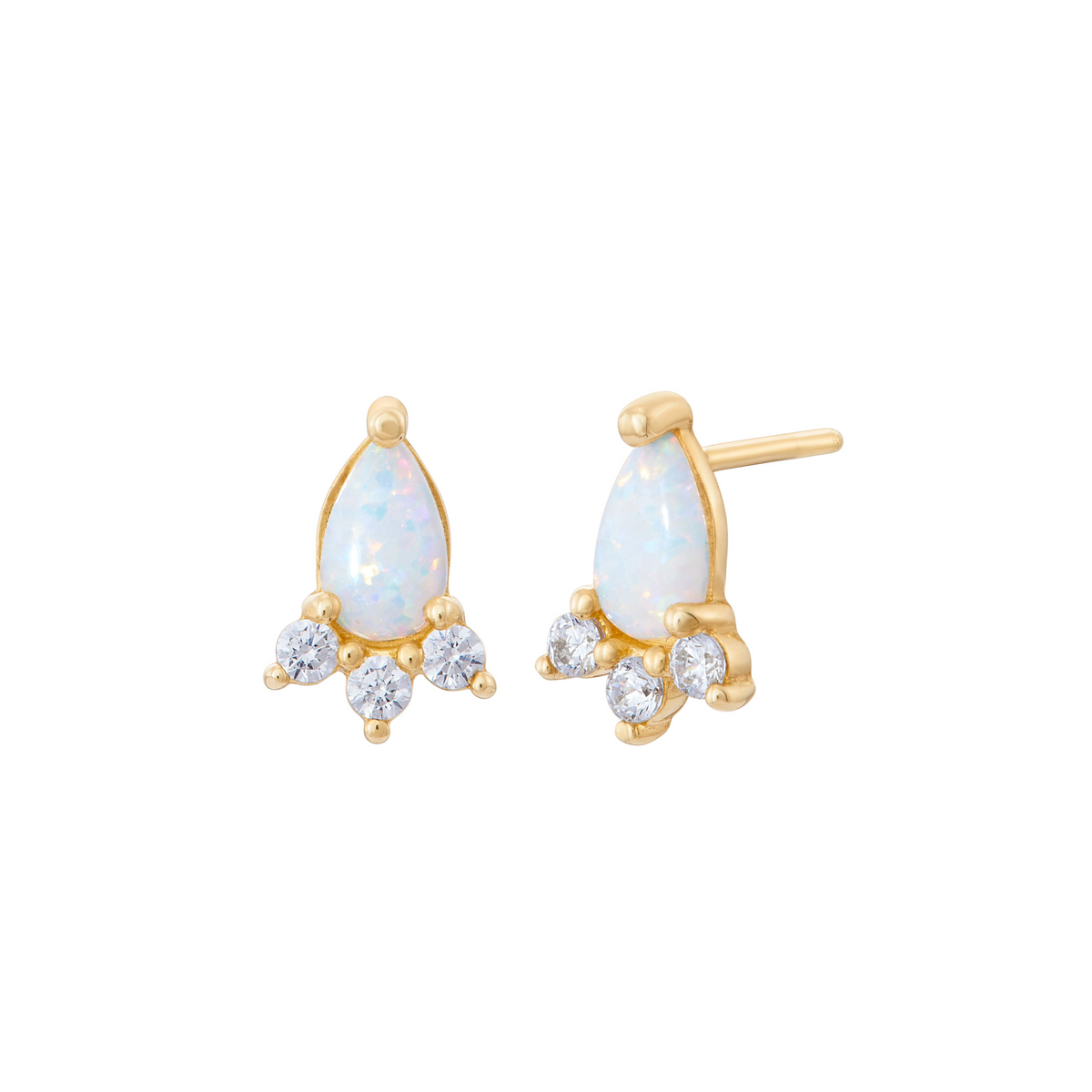 Pair of gold stud earrings featuring a teardrop-shaped opal center and three small cubic zirconia stones clustered below Opale Studs - 10 Karat Gold