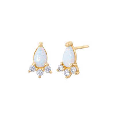 Pair of gold stud earrings featuring a teardrop-shaped opal center and three small cubic zirconia stones clustered below