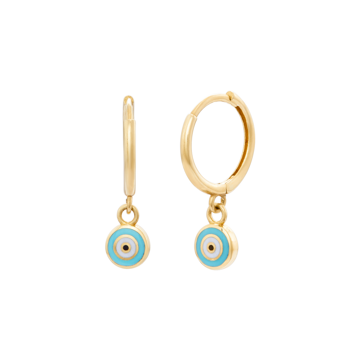 Pair of gold huggie hoop earrings with dangling circular charms featuring a light blue and white evil eye design. Eyes On Me Earrings - 10 Karat Gold