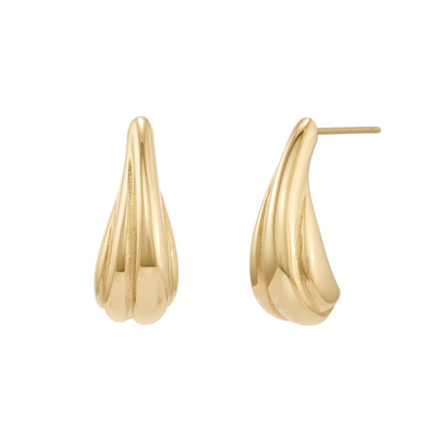 Gold teardrop earrings on a white background