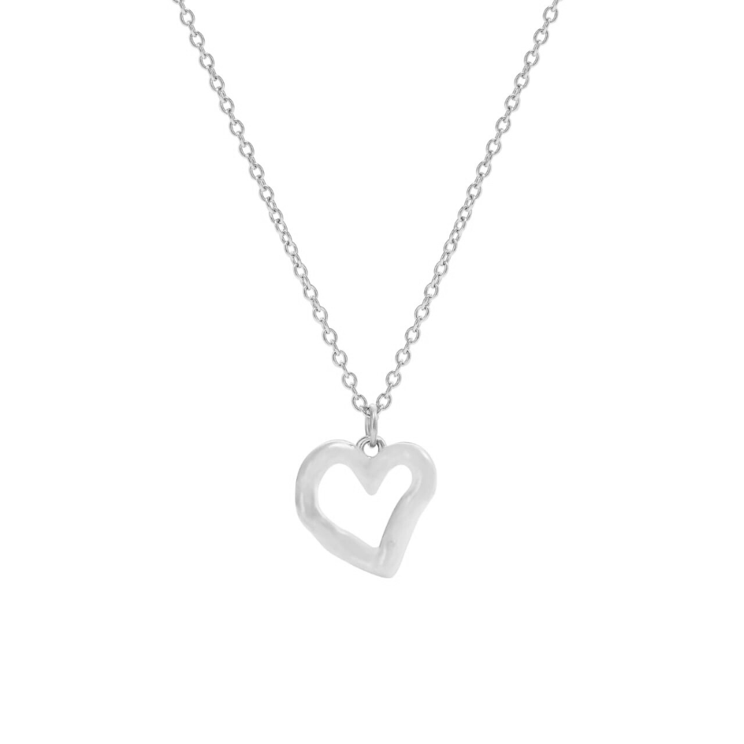 A silver necklace with a heart-shaped pendant on a white background.