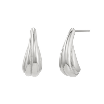 Pair of silver teardrop earrings on a white background