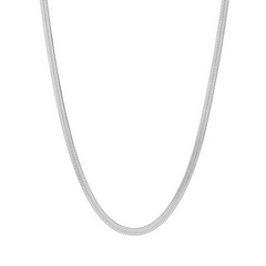 A silver herringbone chain necklace laid out on a plain background.