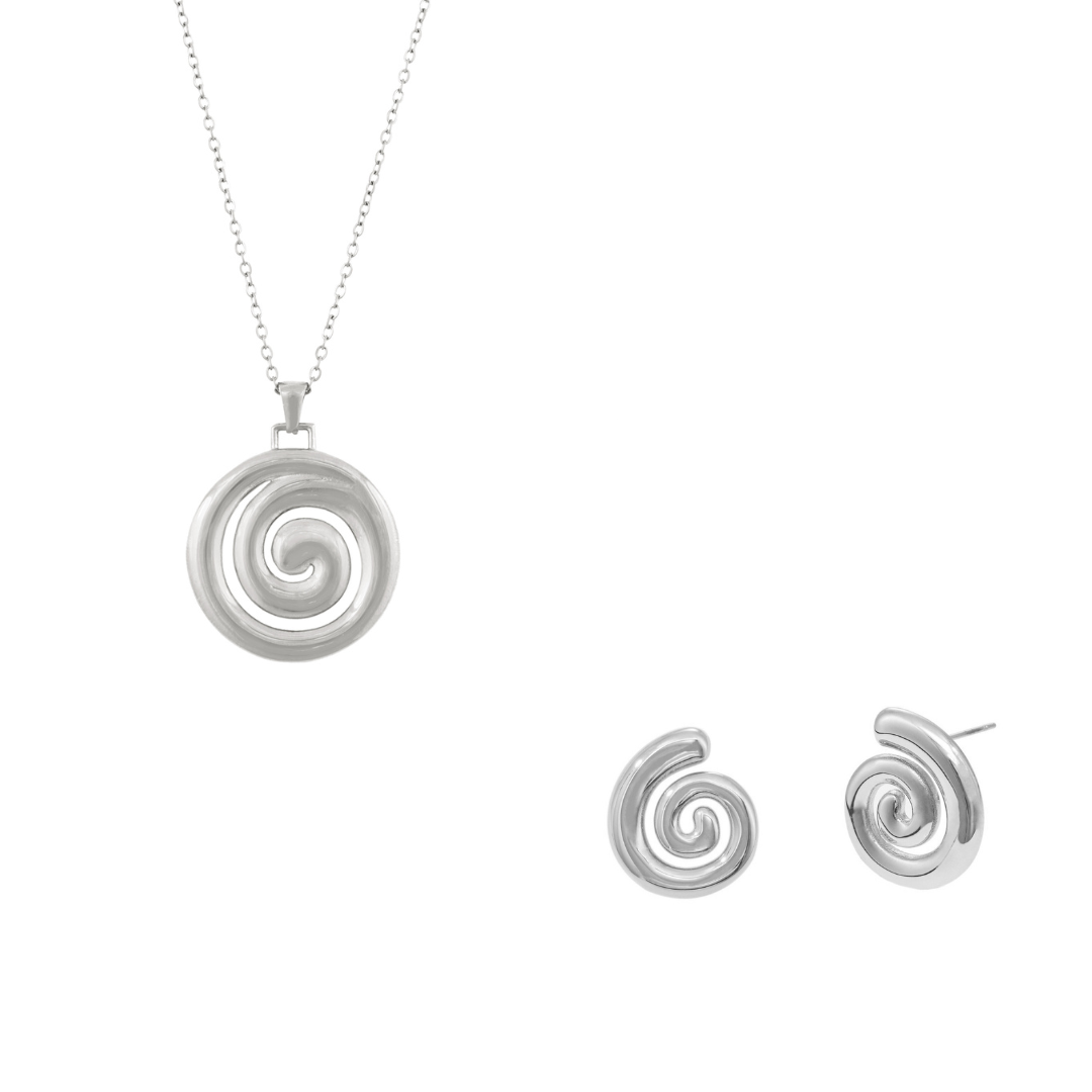 Spiral Earrings and Spiral Pendant Necklace. Waterproof, non tarnished material. Ensemble Origin - Argent