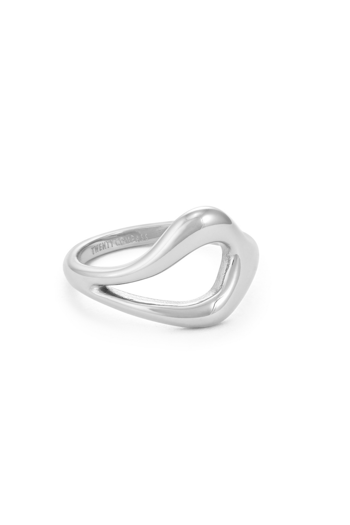 Silver ring with a unique, open, teardrop-shaped design in the center, resting on a white background Bague Gia - Argent