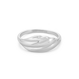 Silver ring with a fluid, wave-like design across the band, on a white background