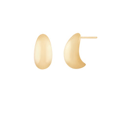 A pair of gold-colored, oval-shaped earrings on a white background.