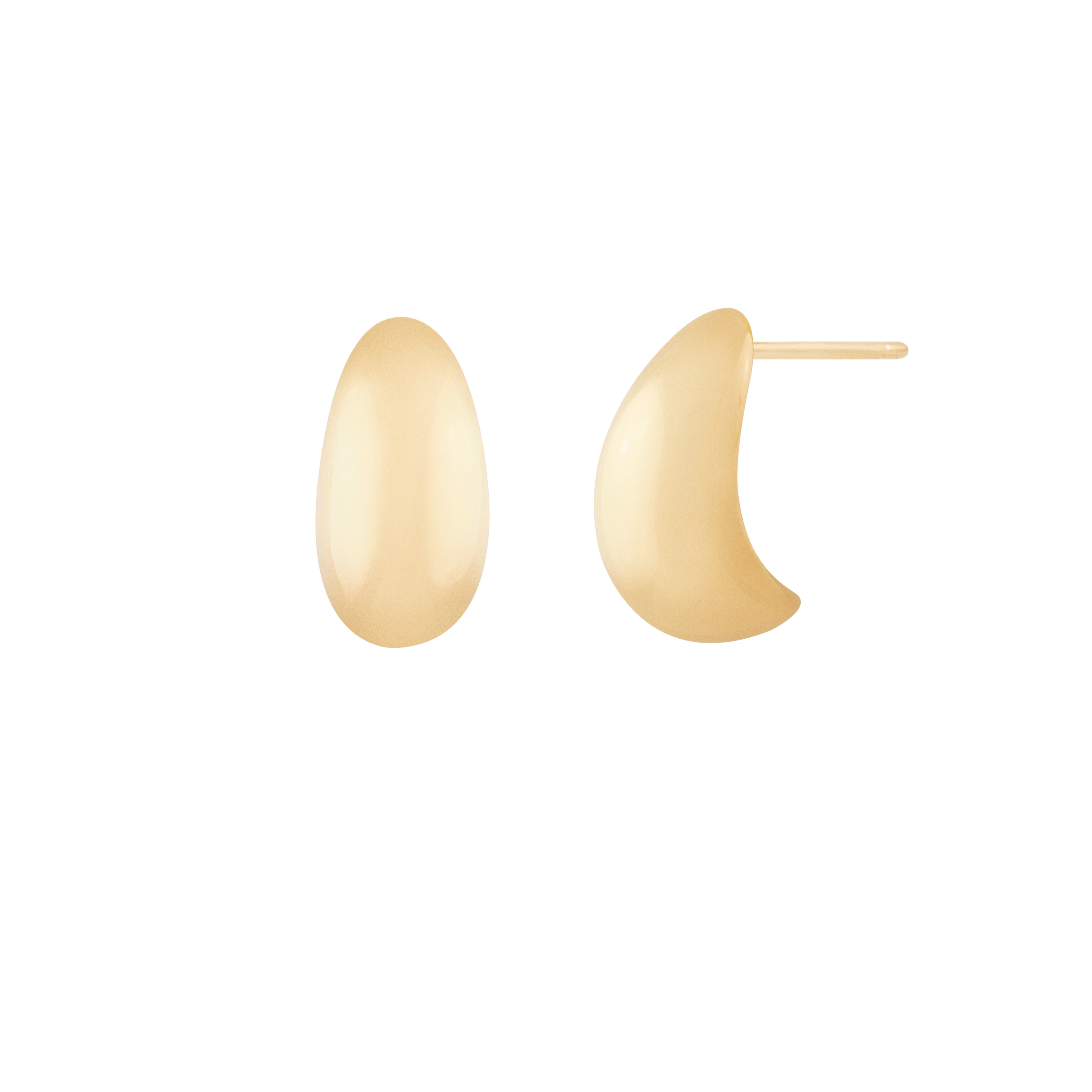 A pair of gold-colored, oval-shaped earrings on a white background.