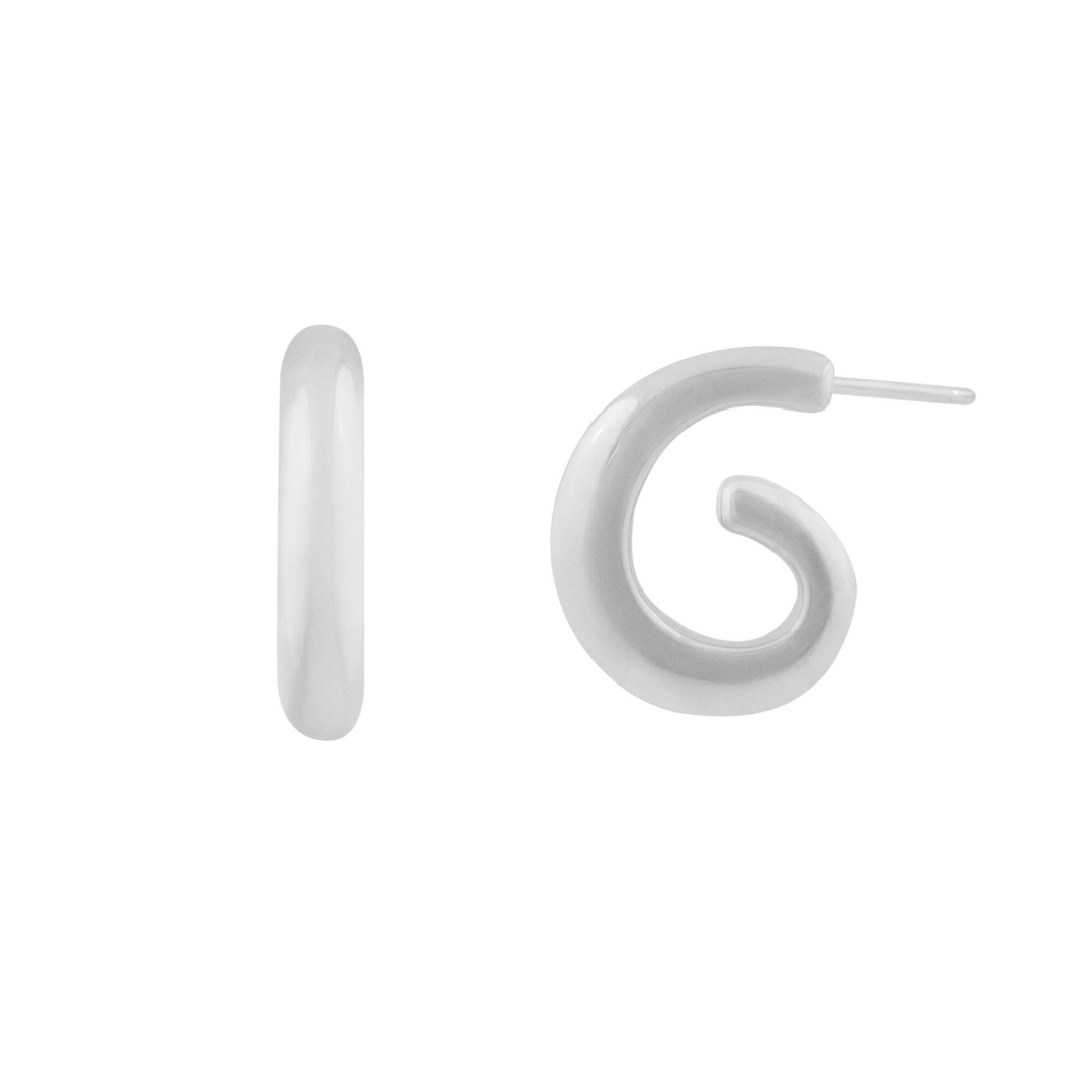 A pair of silver hoop earrings on a white background