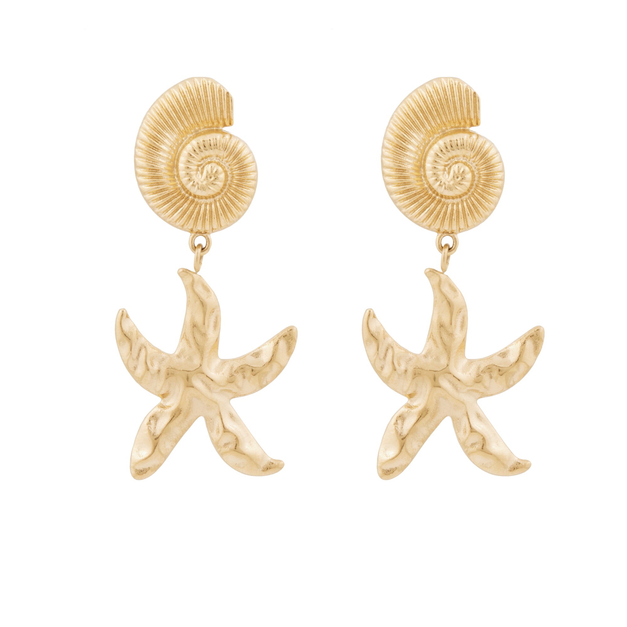 A pair of gold-colored earrings featuring a detailed seashell design atop a starfish pendant.