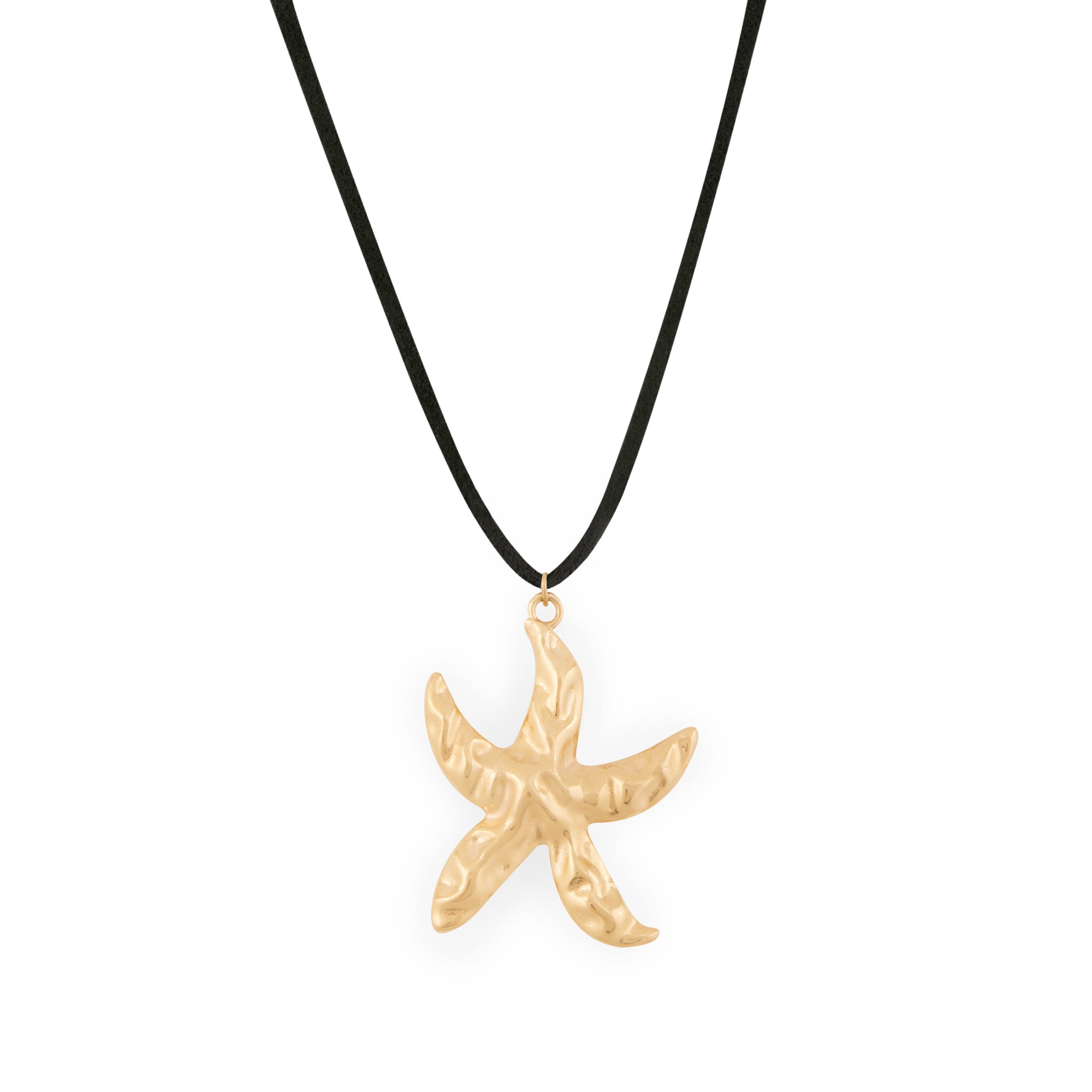 A gold-colored starfish pendant on a black faux suede cord necklace.
