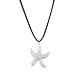 A silver starfish pendant on a black faux suede cord necklace.