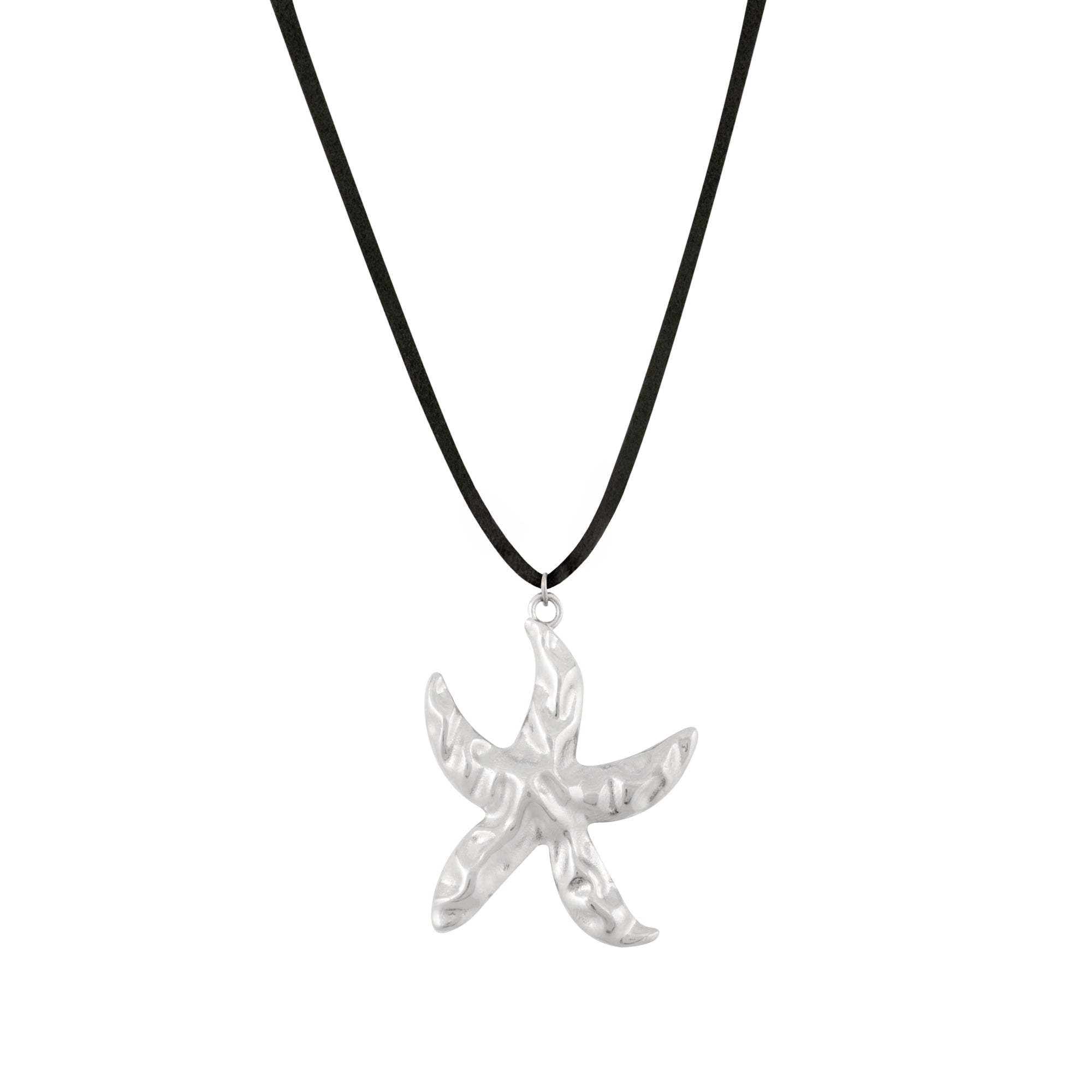 A silver starfish pendant on a black faux suede cord necklace.