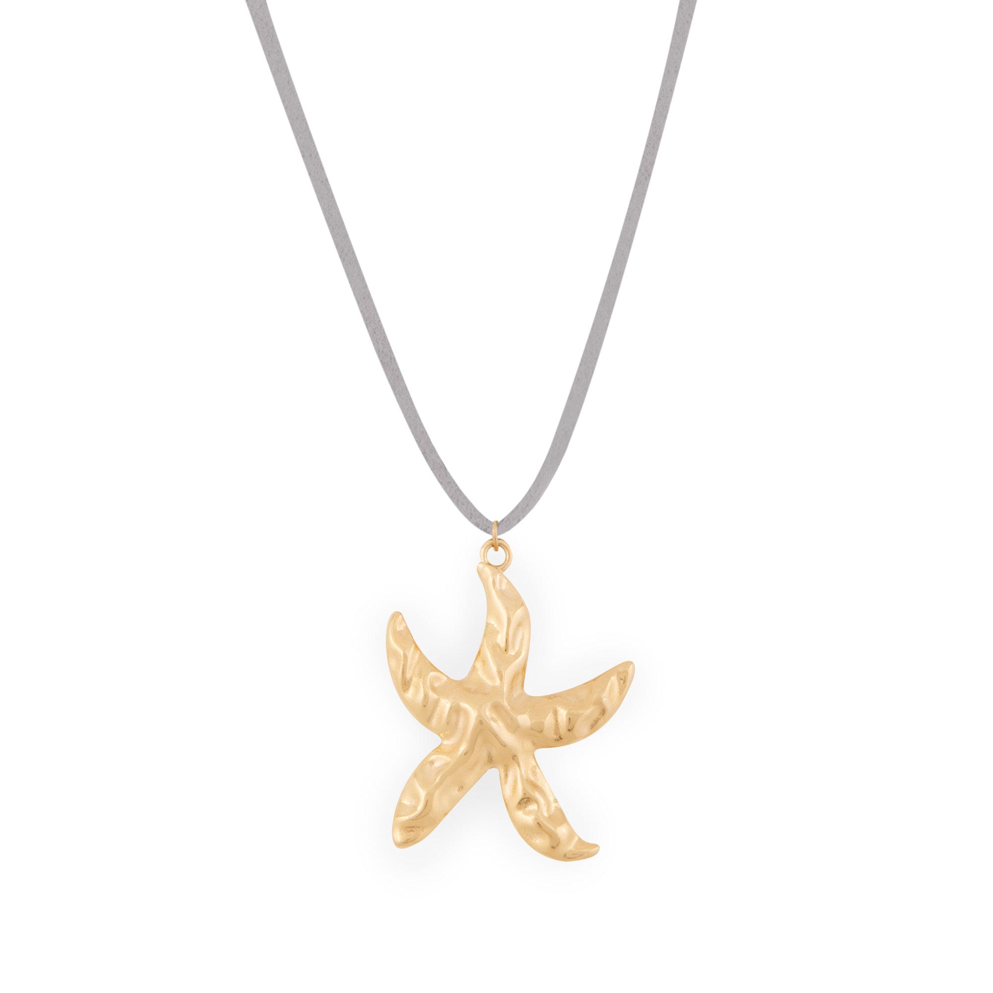 A gold-colored starfish pendant on a faux suede cord necklace.