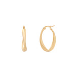 A pair of gold-colored hoop earrings on a white background.