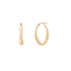 A pair of gold-colored hoop earrings on a white background.