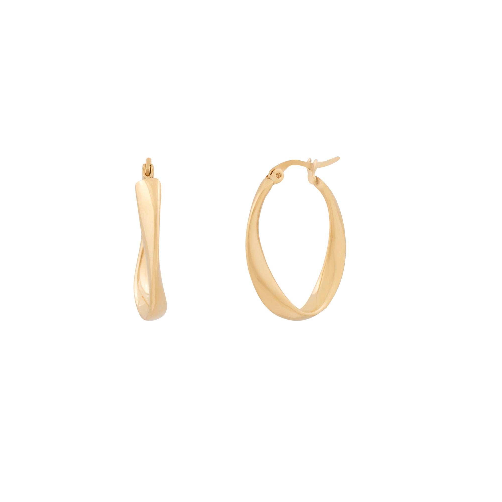 A pair of gold-colored hoop earrings on a white background.