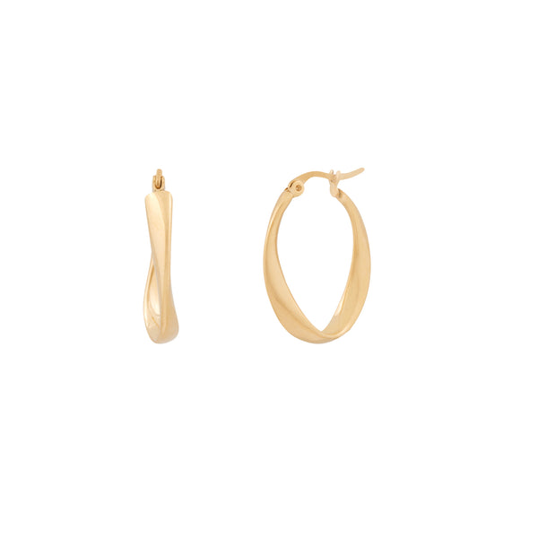 A pair of gold-colored hoop earrings on a white background. Bliss Hoops - Gold
