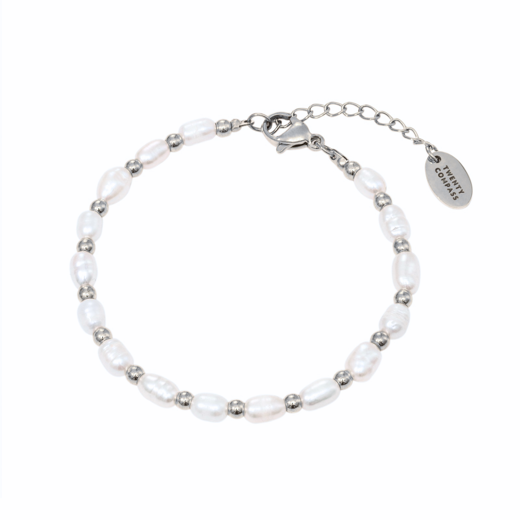 A silver bracelet featuring freshwater pearls and small silver beads, with a lobster clasp closure.