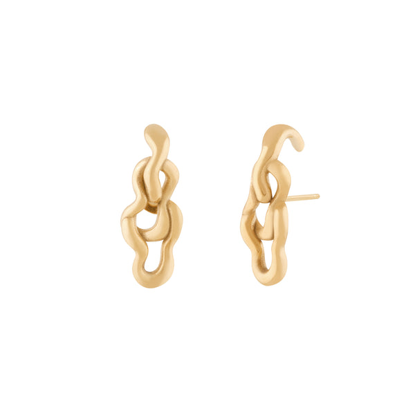 A pair of gold-colored earrings with an interlinked chain design. Brooklyn Earrings - Gold
