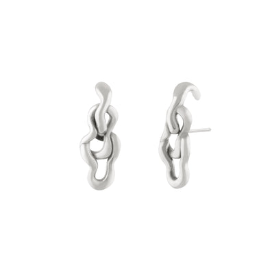 A pair of silver earrings with a unique sculptural design, featuring multiple loops and curves.