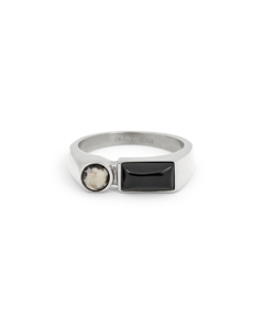 Silver ring with Balck and white gemstones on a white background