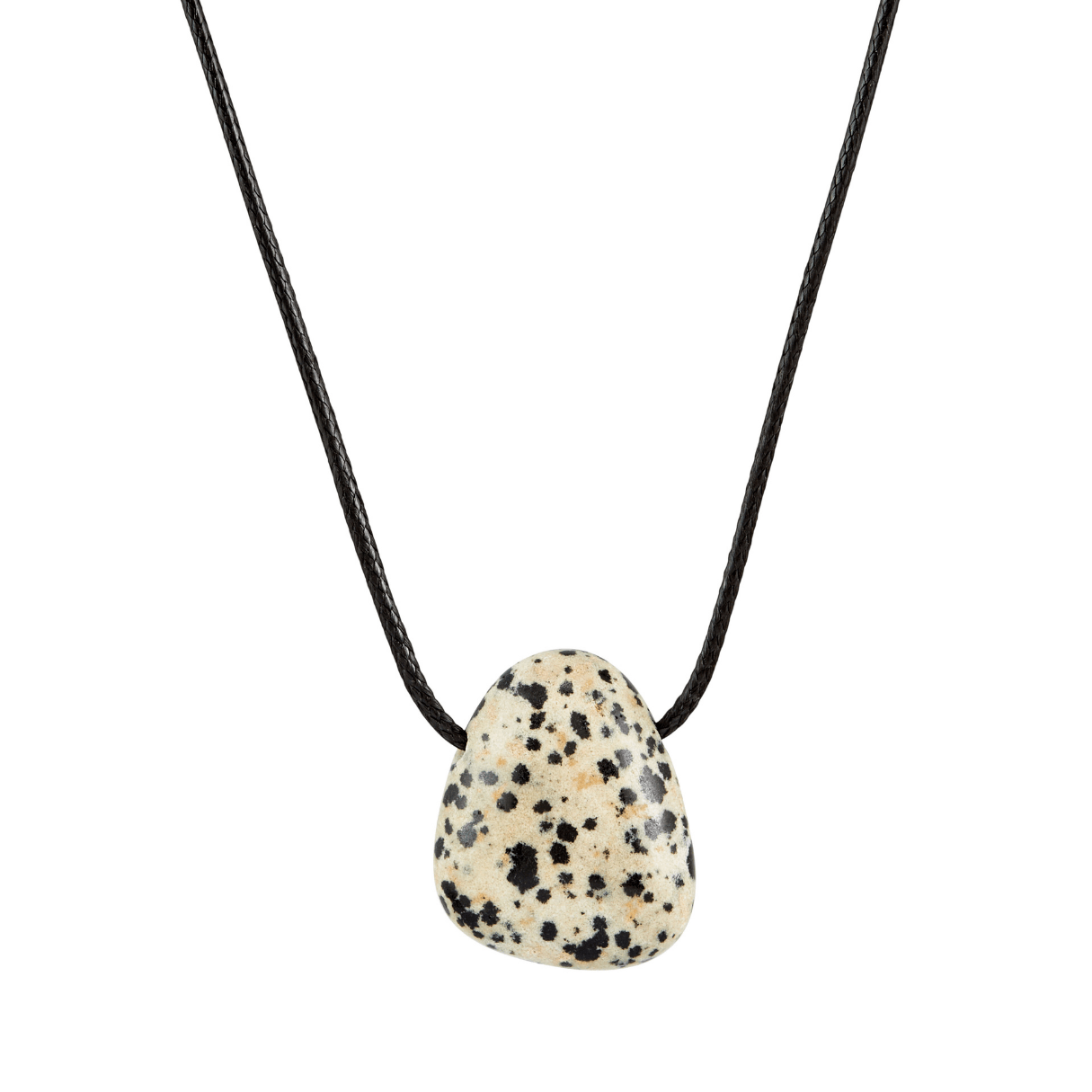 Necklace with a dalmatian jasper stone pendant on a white background
