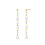 A pair of gold earrings featuring faux pearls strung in a vertical line on a white background.