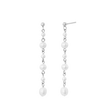A pair of silver earrings with faux pearls, arranged in a gradient of size from largest at the top to smallest at the bottom, attached to a white background.