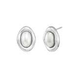 A pair of silver stud earrings featuring a large, smooth oval white pearl cabochon centered within a thick, irregular and organically contoured polished gold frame, isolated on a white background.