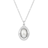 A silver pendant necklace featuring a large, smooth oval white pearl cabochon centered within a thick, irregular and organically contoured polished gold frame, suspended from a delicate link chain, isolated on a white background.